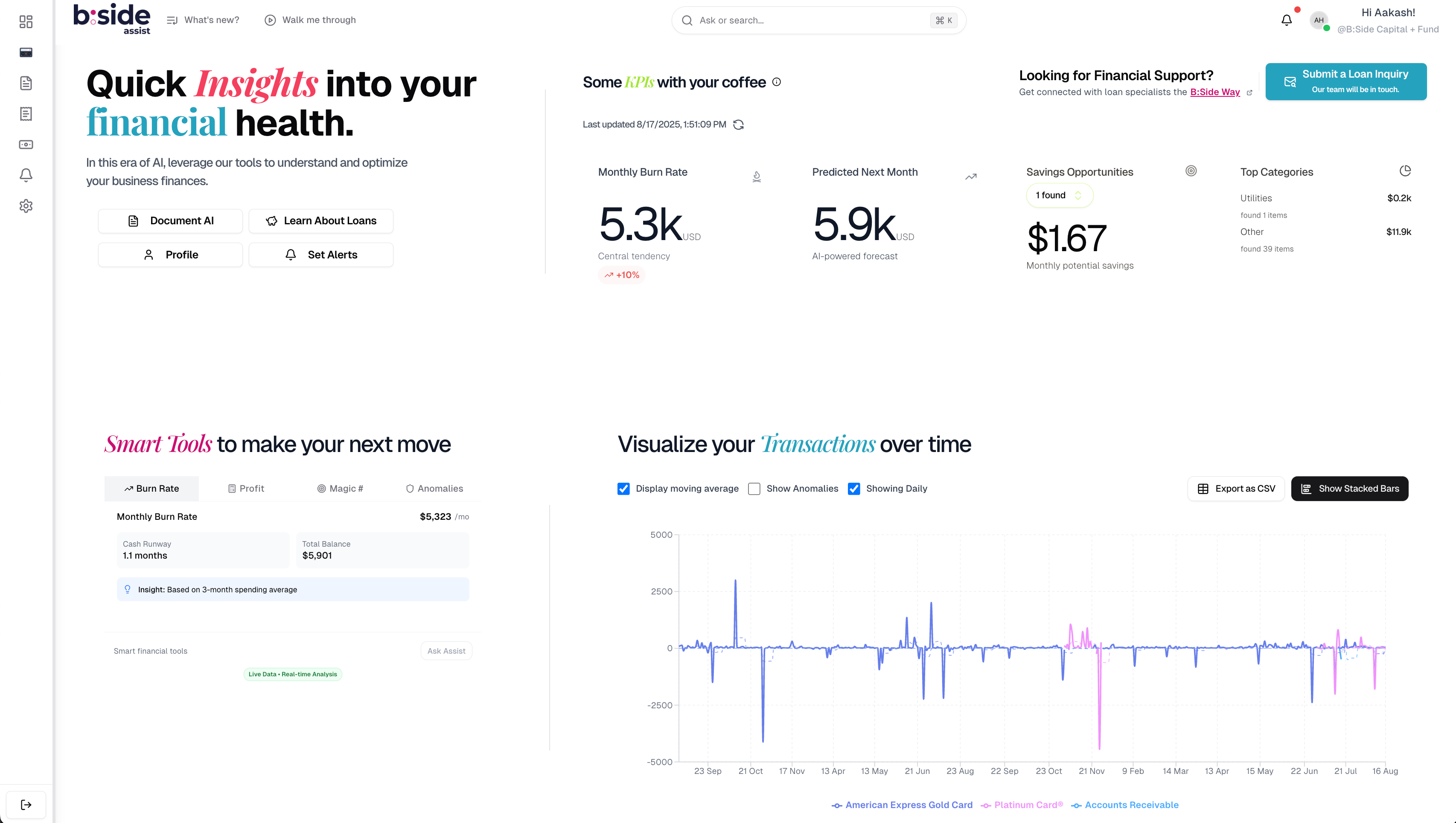 B:Side Assist Dashboard - AI-powered financial insights, real-time transaction monitoring, and ML fraud detection analytics